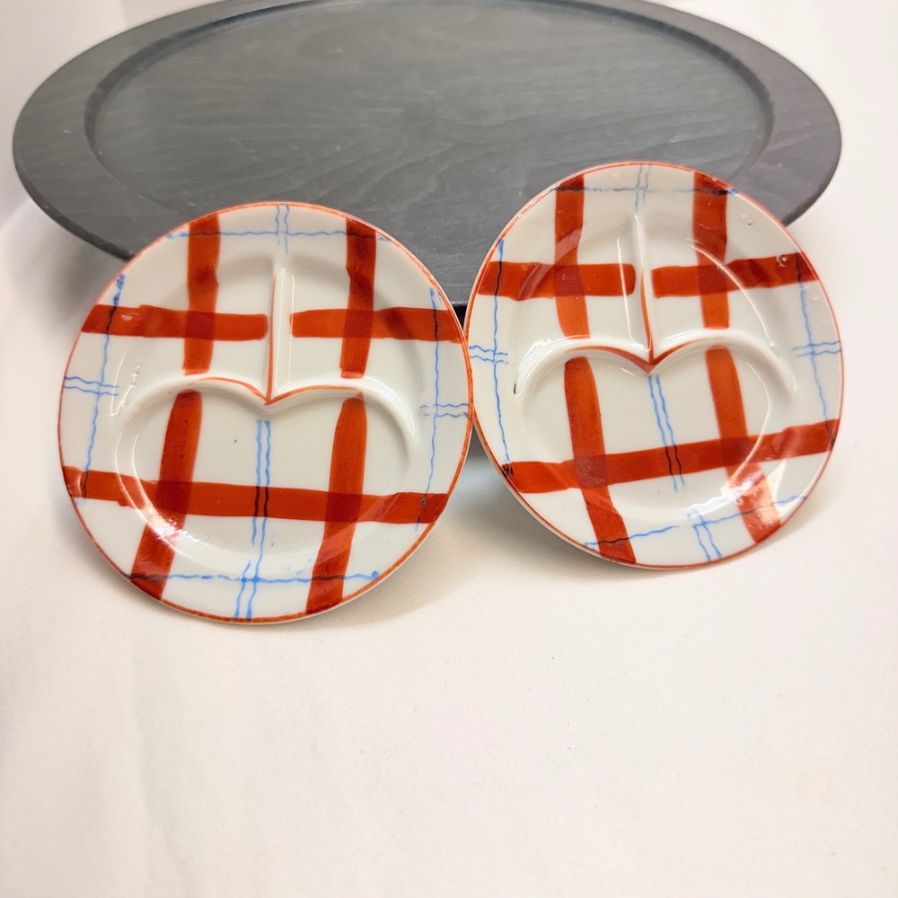 2 VTG Made in Japan Plaid Divided Sushi‎ Condiment plates orange Blue 4.25"